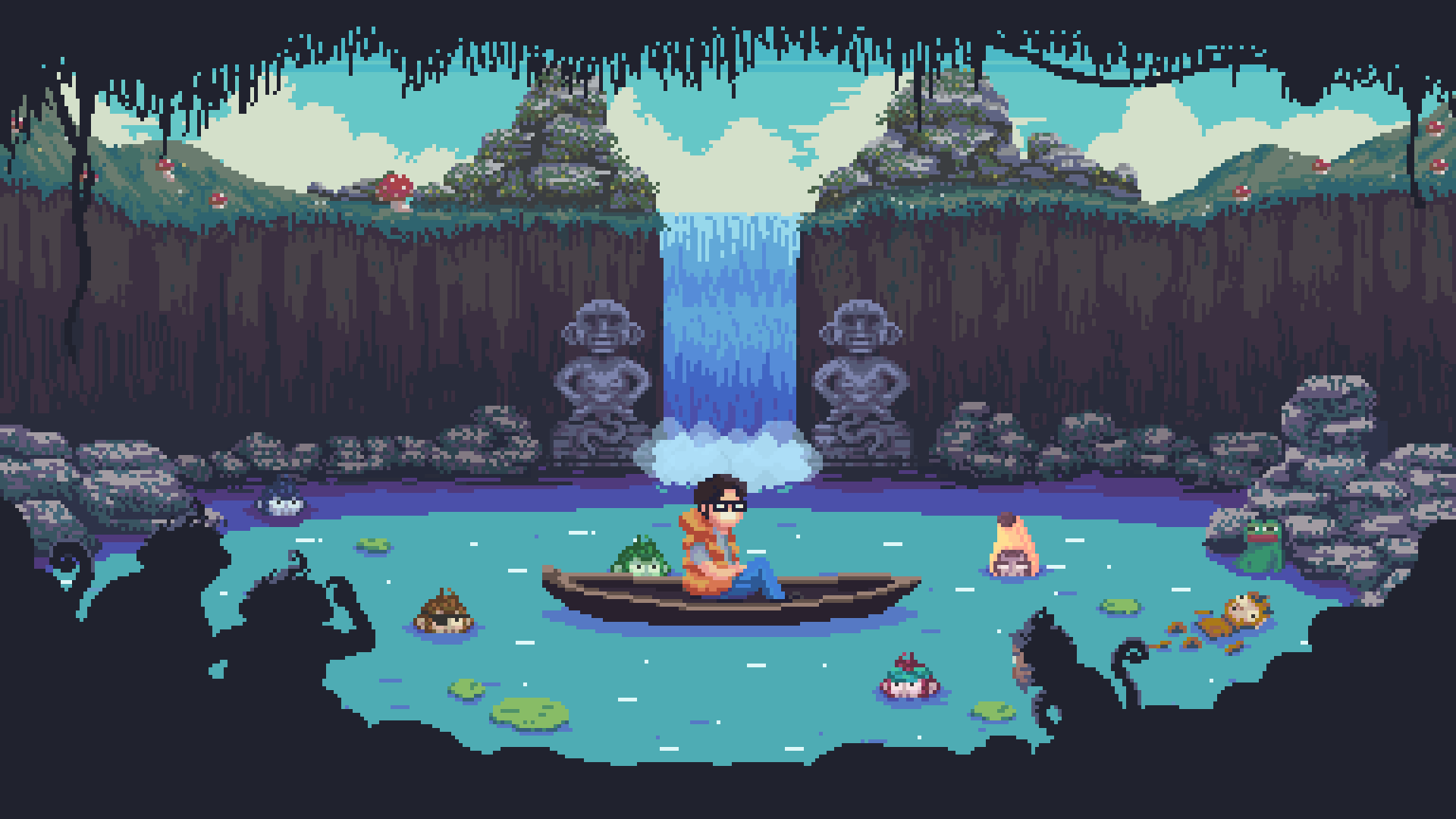 Illustration and animation of a pond with a man and monkeys